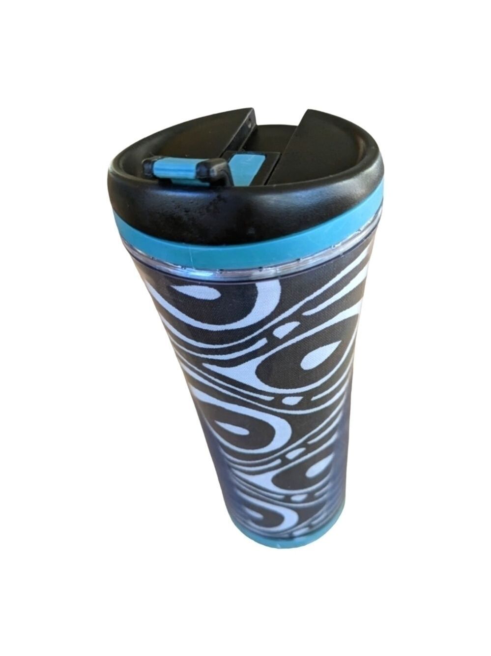Starbucks 2007 screw lid cup, black&white geo pattern with teal accents,EUC